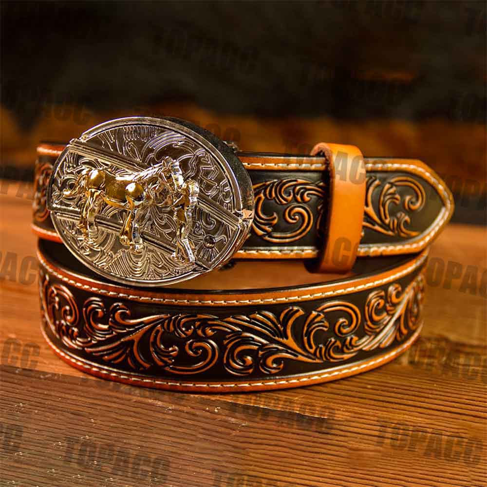 Brown Leather Belt with Two-tone Strap Holder Buckle