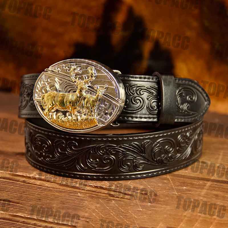 Black Leather Belt with Two-tone Strap Holder Buckle