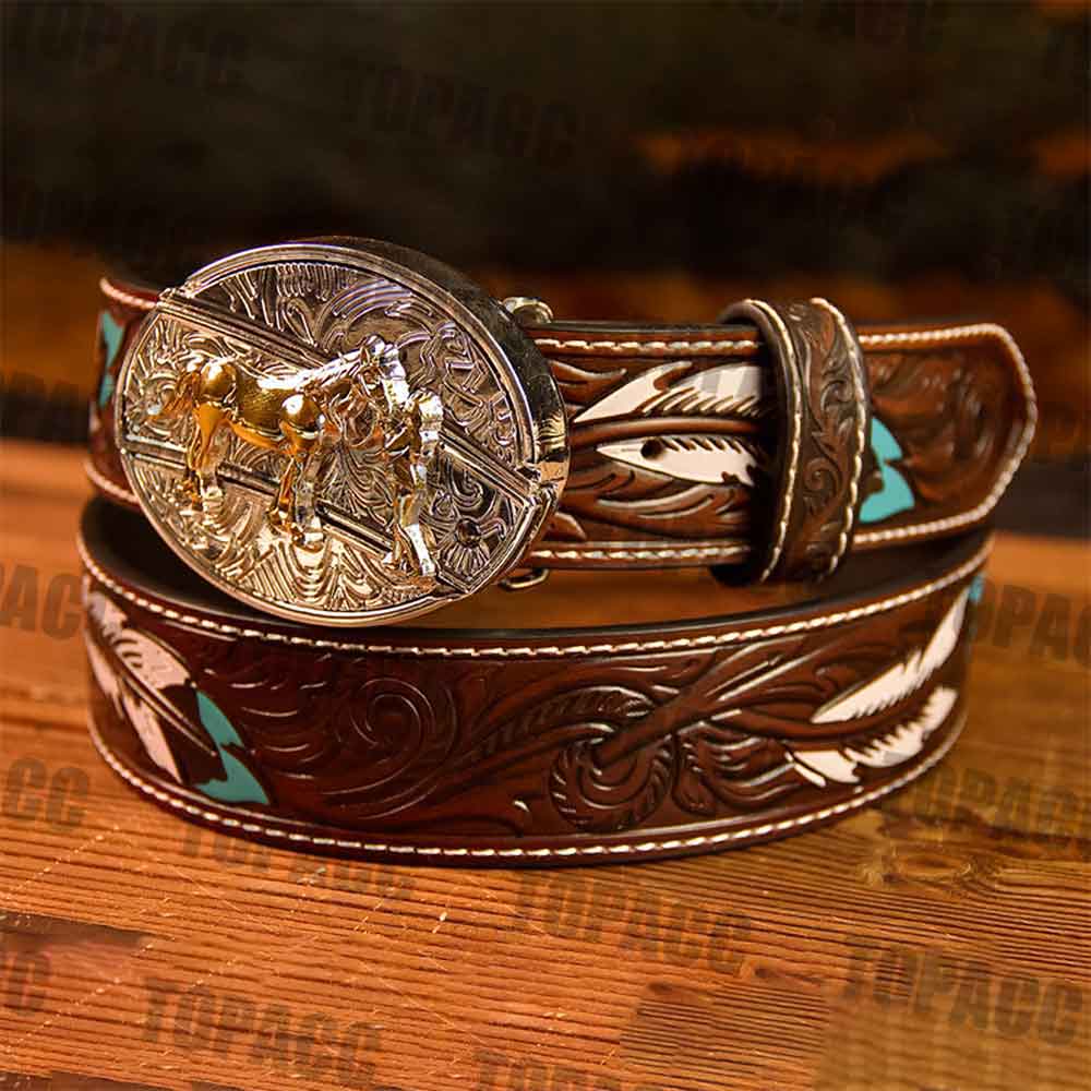 Feather leather belt with two-tone buckle