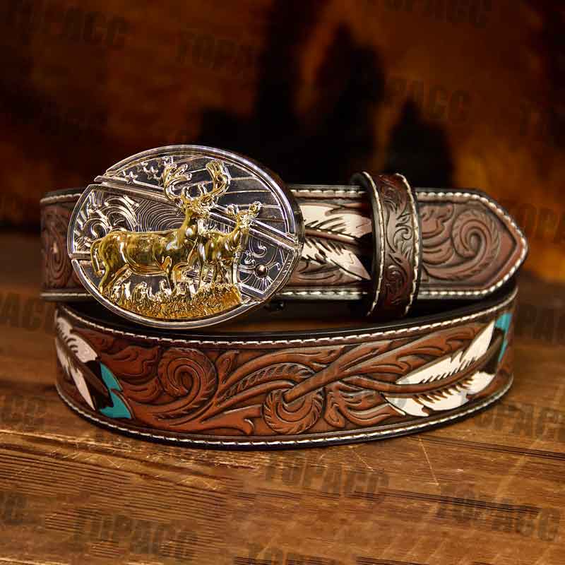 Feather leather belt with two-tone buckle
