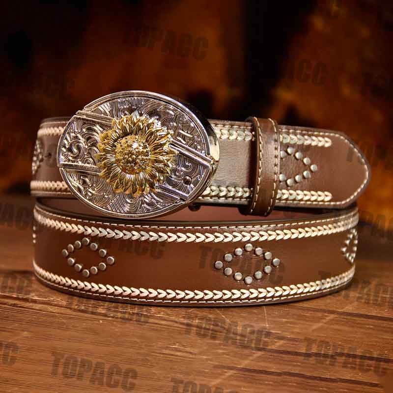 Leather Vintage belt with two-tone buckle
