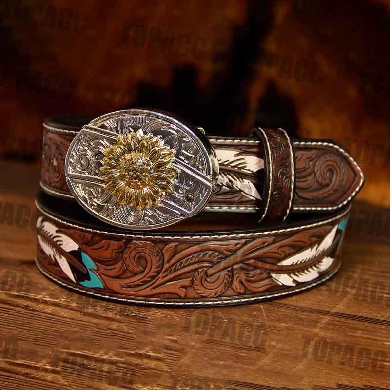 Feather leather belt with two-tone buckle