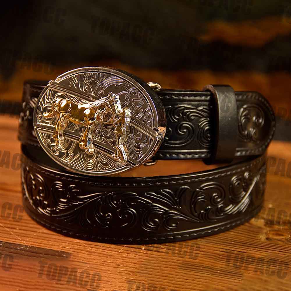 Black Leather Belt with Two-tone Strap Holder Buckle