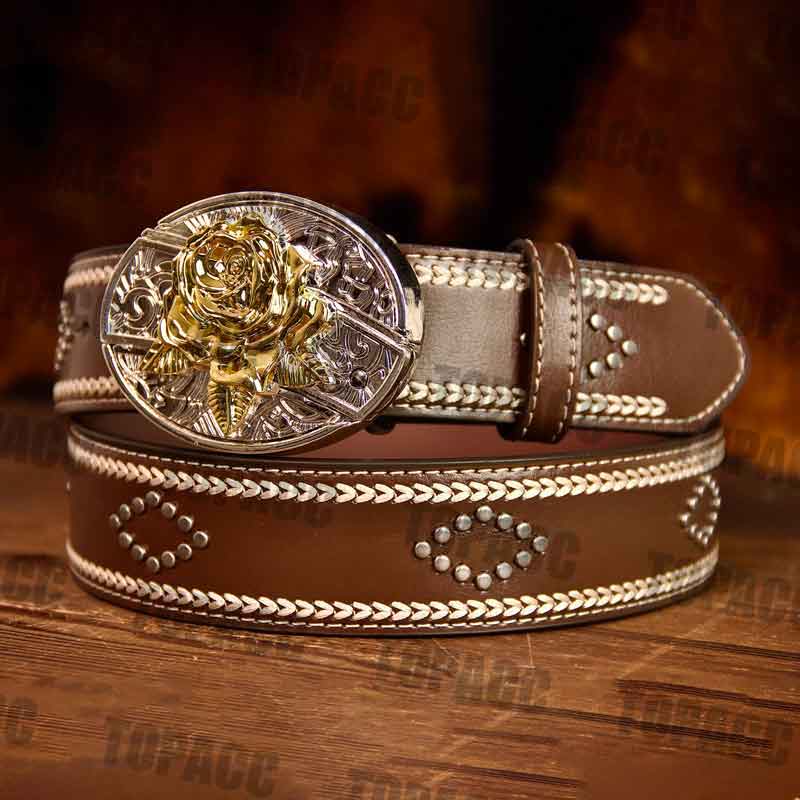 Leather Vintage belt with two-tone buckle