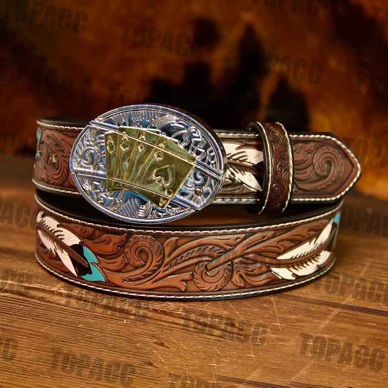 Feather leather belt with two-tone buckle