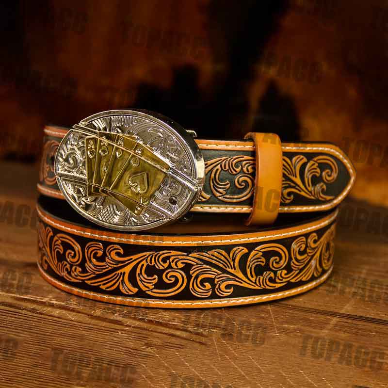 Brown Leather Belt with Two-tone Strap Holder Buckle