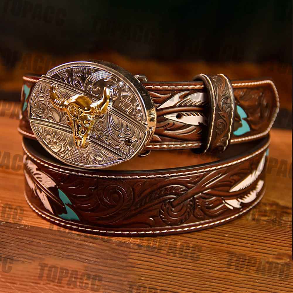 Feather leather belt with two-tone buckle