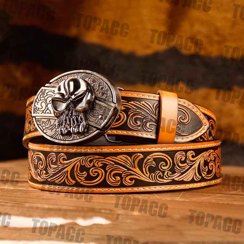 Waist41-46 Inch Brown Leather Belt with Block Buckle