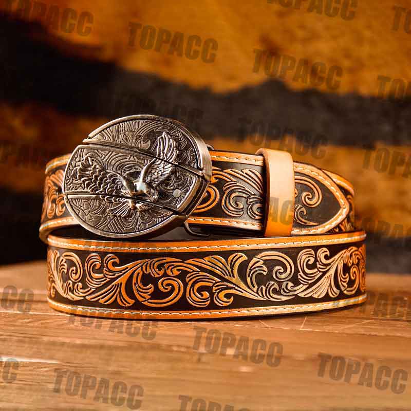 Waist41-46 Inch Brown Leather Belt with Block Buckle