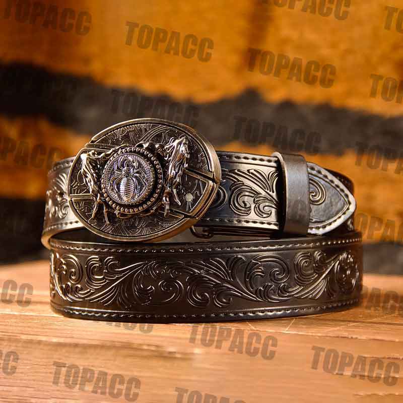 Waist41-46 Inch Black Leather Belt with Block Buckle