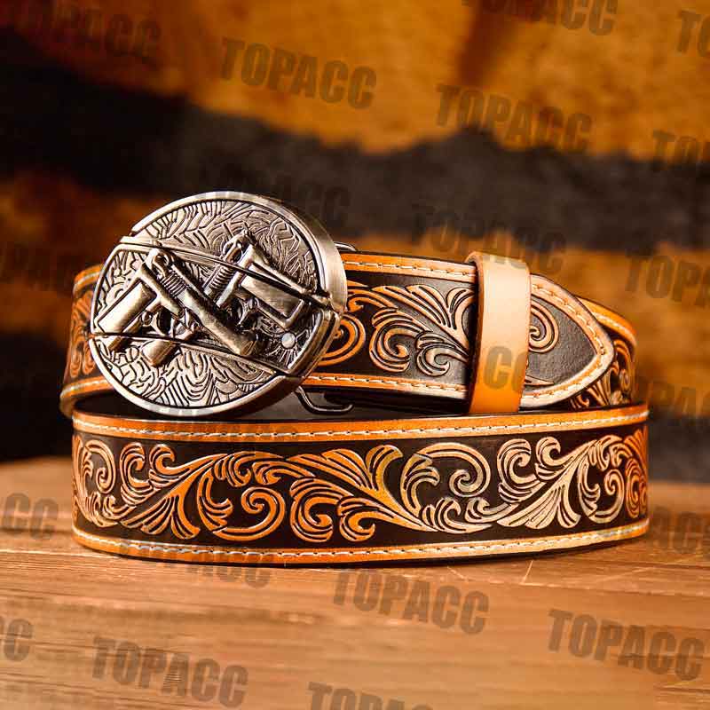 Waist41-46 Inch Brown Leather Belt with Block Buckle