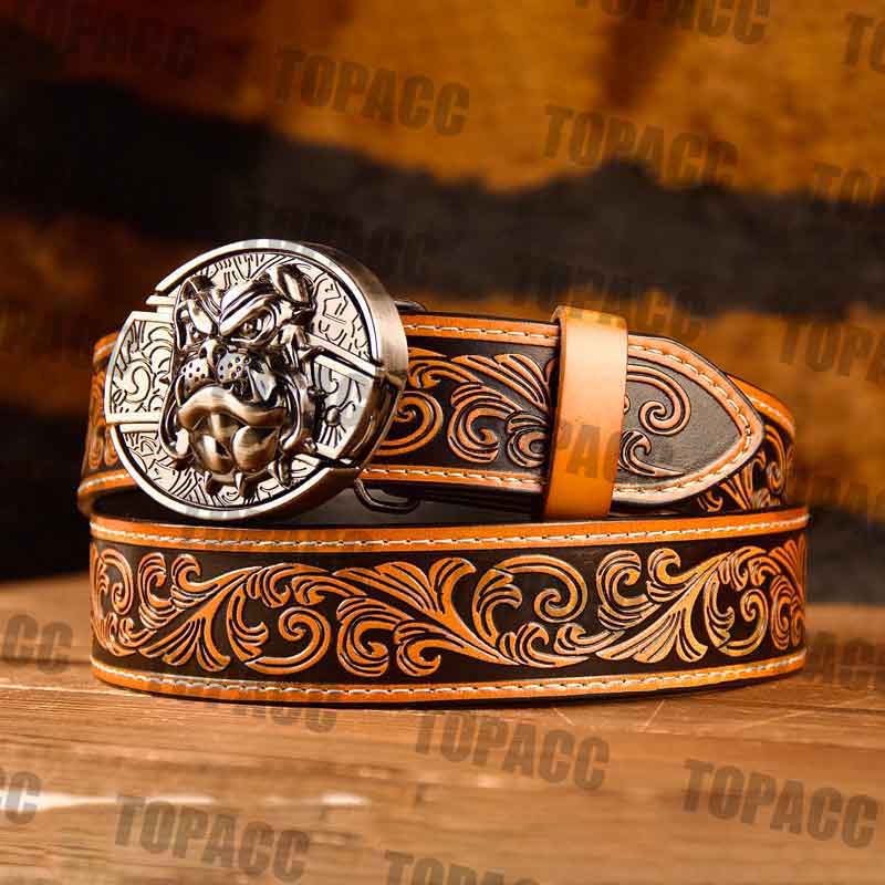 Waist41-46 Inch Brown Leather Belt with Block Buckle