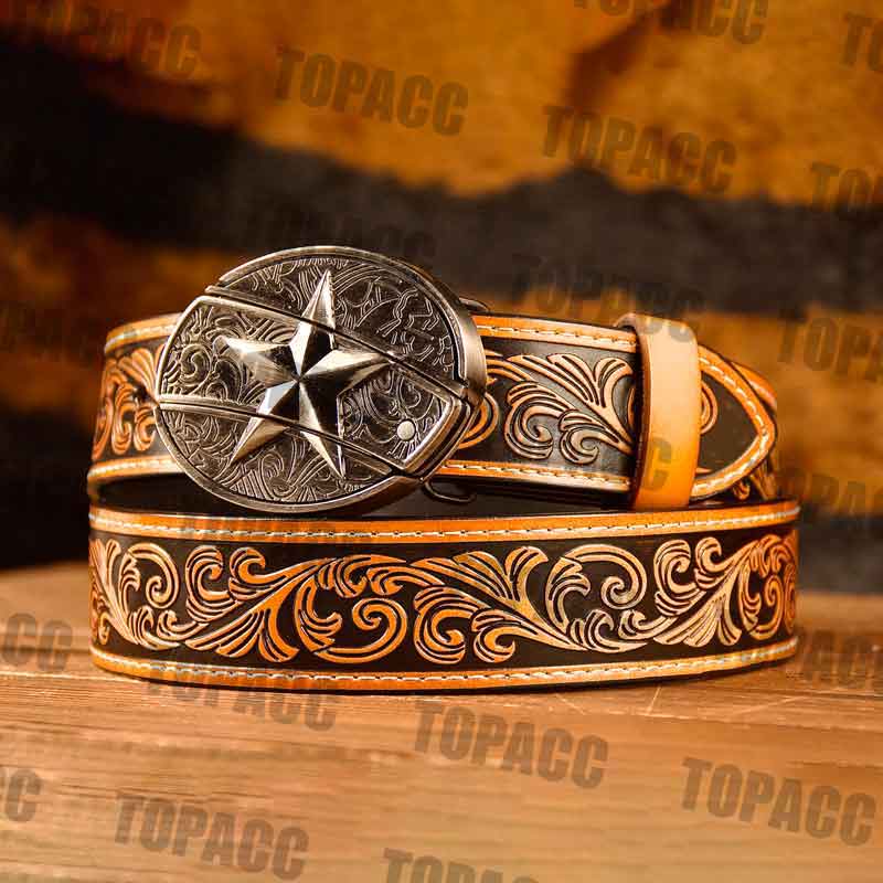 Waist41-46 Inch Brown Leather Belt with Block Buckle