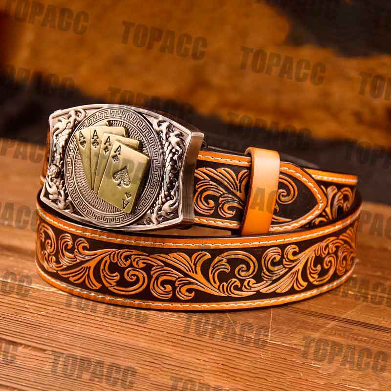 TOPACC Western Genuine Leather Pattern Tooled Belt -Square Buckle with Block
