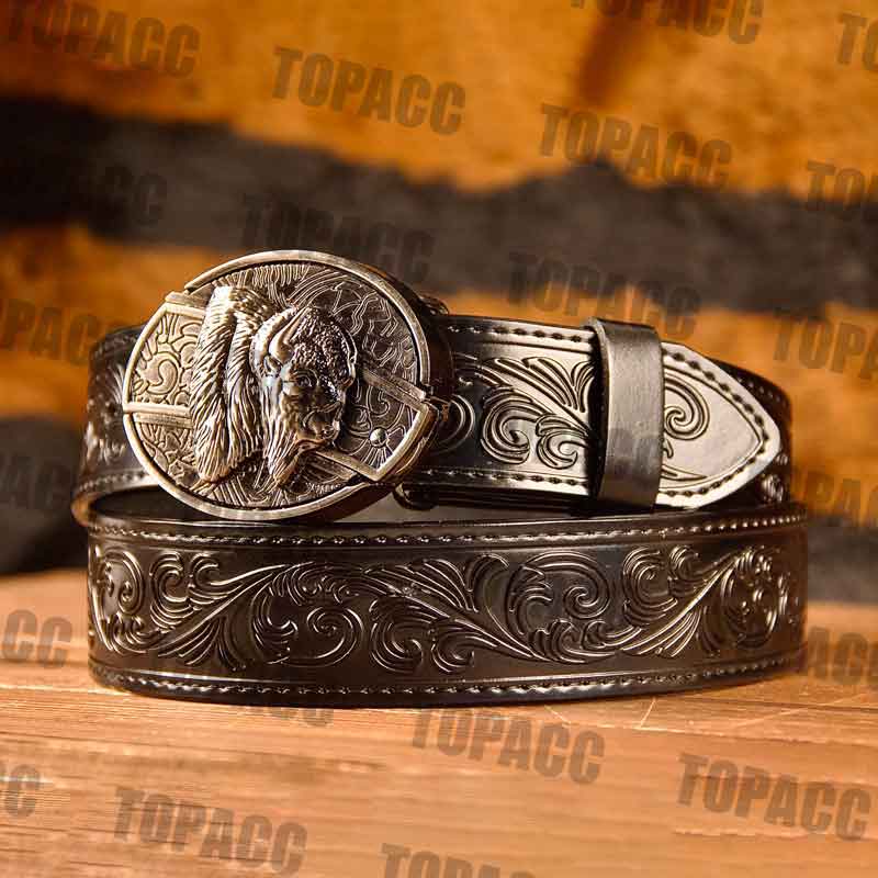 Waist41-46 Inch Black Leather Belt with Block Buckle