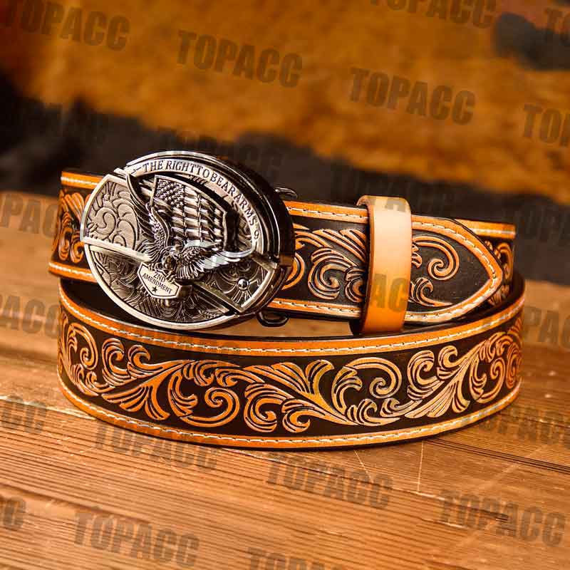 Waist41-46 Inch Brown Leather Belt with Block Buckle
