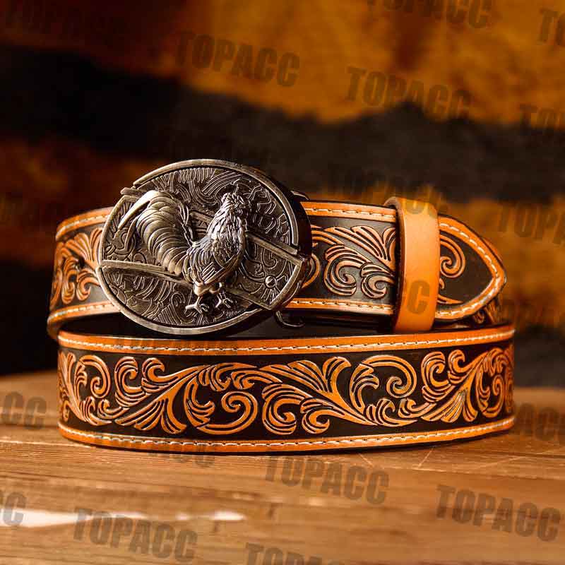 Waist41-46 Inch Brown Leather Belt with Block Buckle