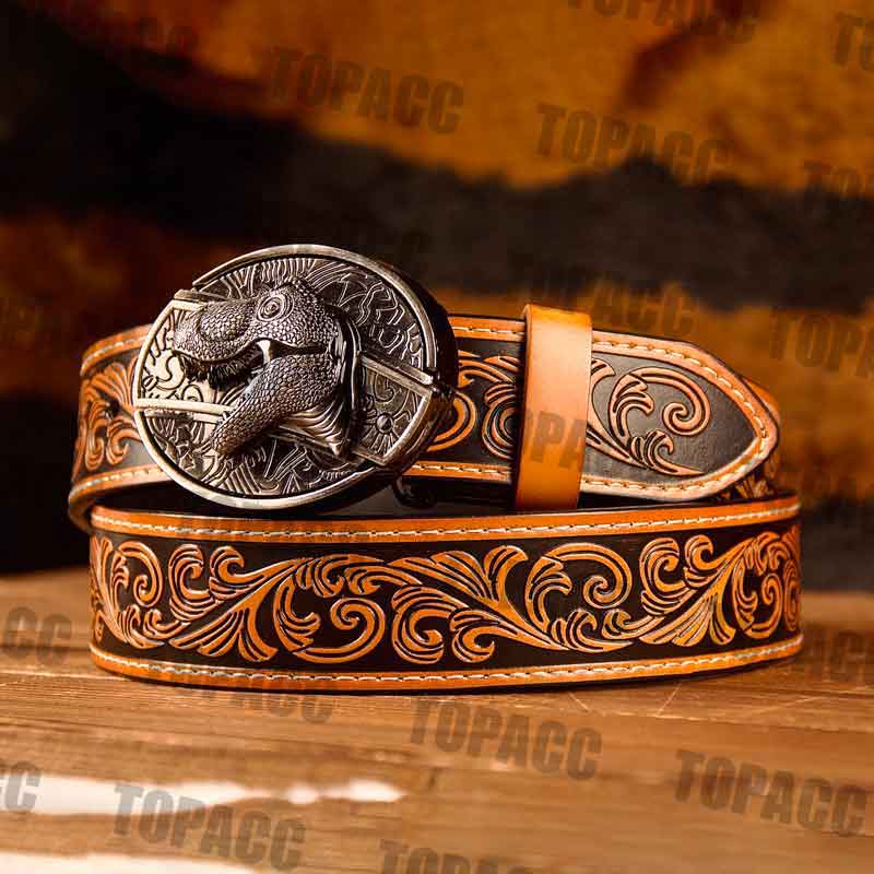Waist41-46 Inch Brown Leather Belt with Block Buckle