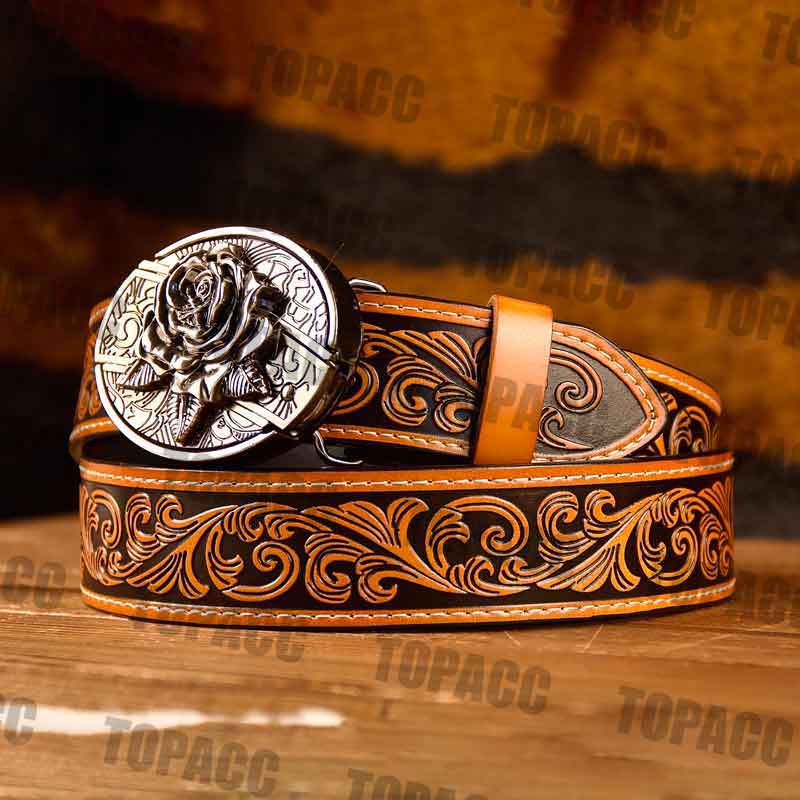Waist41-46 Inch Brown Leather Belt with Block Buckle