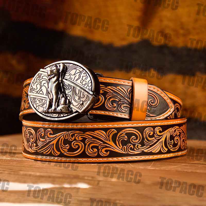 Waist41-46 Inch Brown Leather Belt with Block Buckle