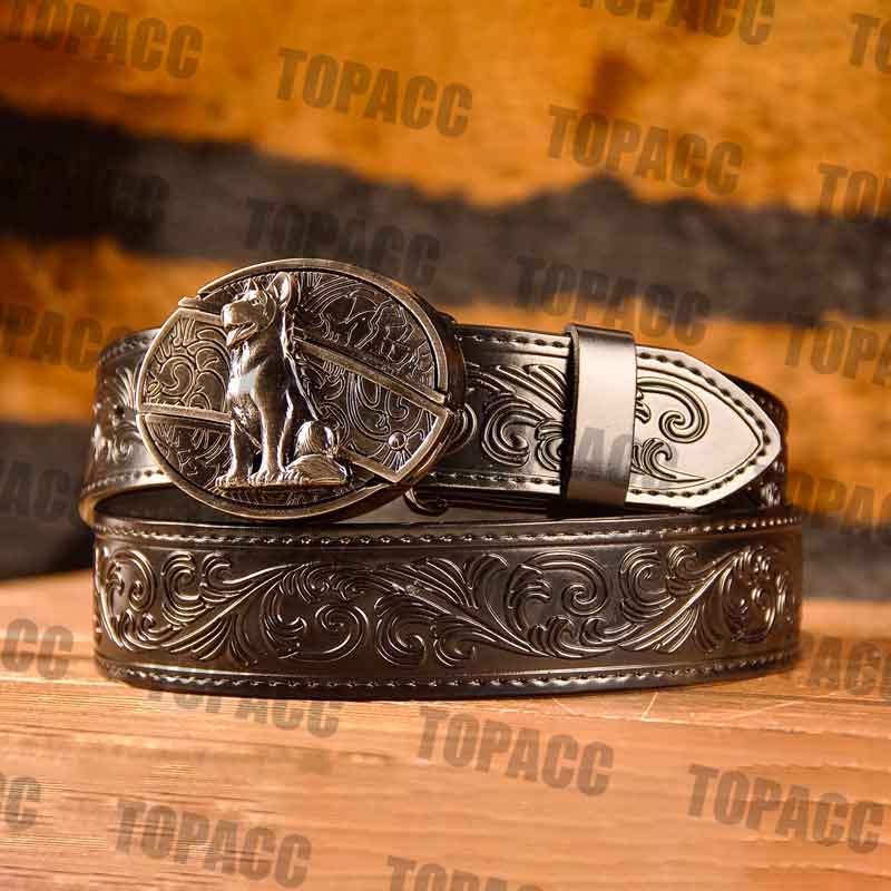 TOPACC Western Genuine Leather Pattern Tooled Black Belt - Buckle with Block