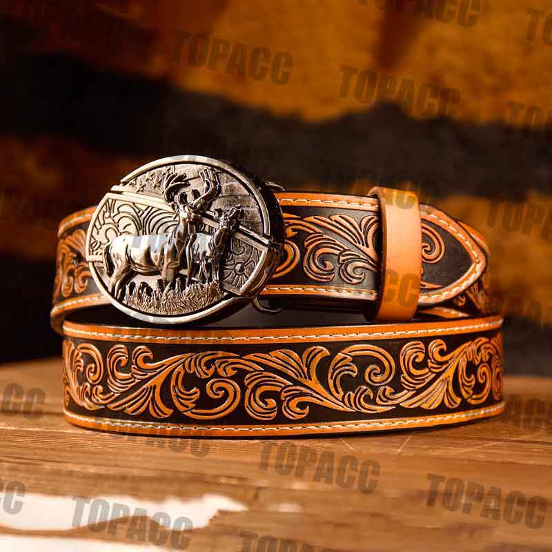 Waist41-46 Inch Brown Leather Belt with Block Buckle