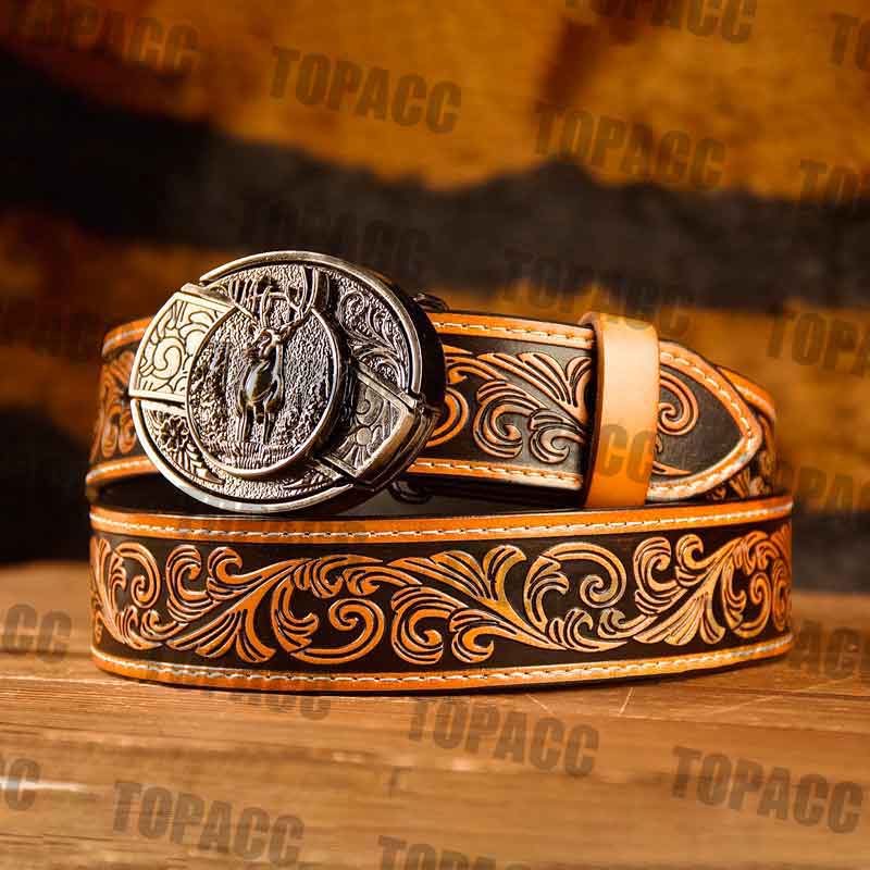 Waist41-46 Inch Brown Leather Belt with Block Buckle