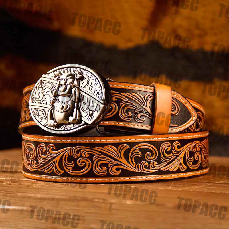 Waist41-46 Inch Brown Leather Belt with Block Buckle