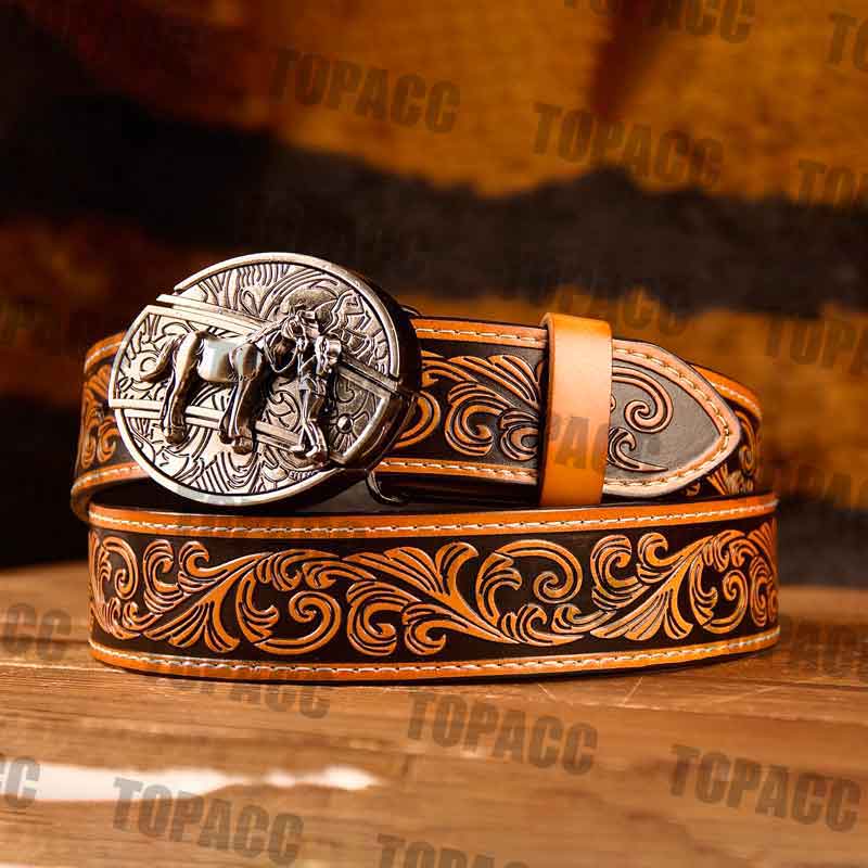 Waist41-46 Inch Brown Leather Belt with Block Buckle