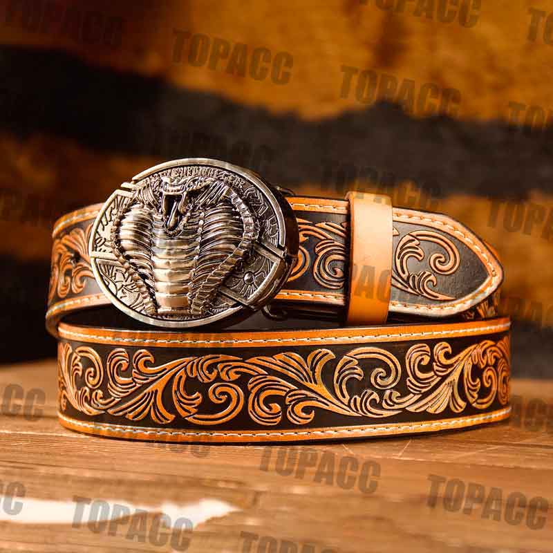 Waist41-46 Inch Brown Leather Belt with Block Buckle