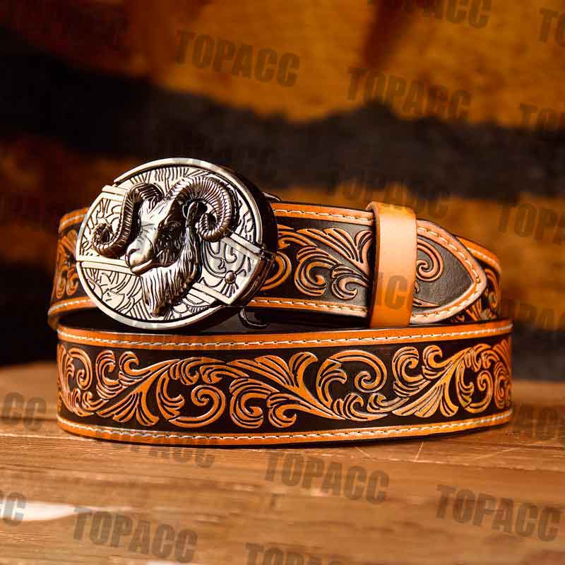 Waist41-46 Inch Brown Leather Belt with Block Buckle