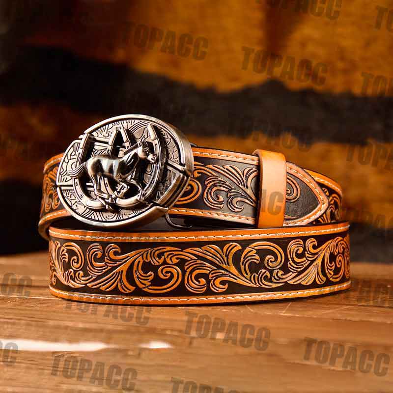 Waist41-46 Inch Brown Leather Belt with Block Buckle