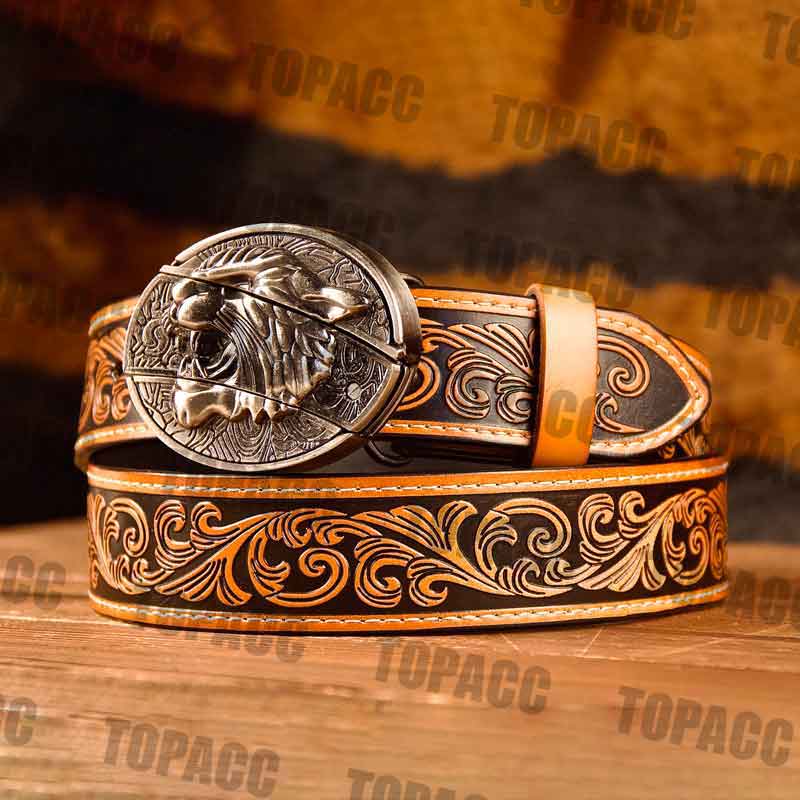 Waist41-46 Inch Brown Leather Belt with Block Buckle