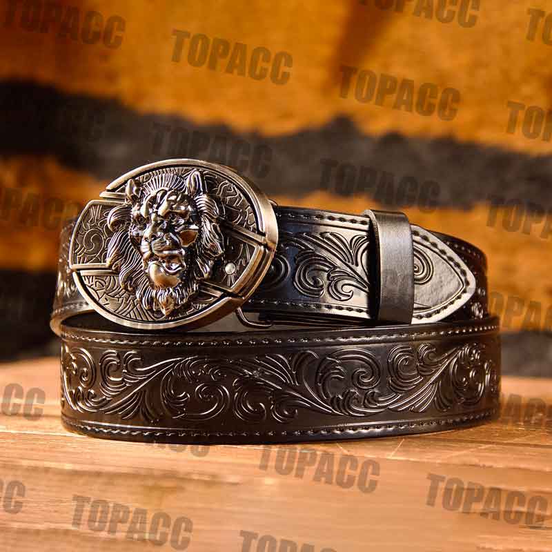 TOPACC Western Genuine Leather Pattern Tooled Black Belt - Buckle with Block