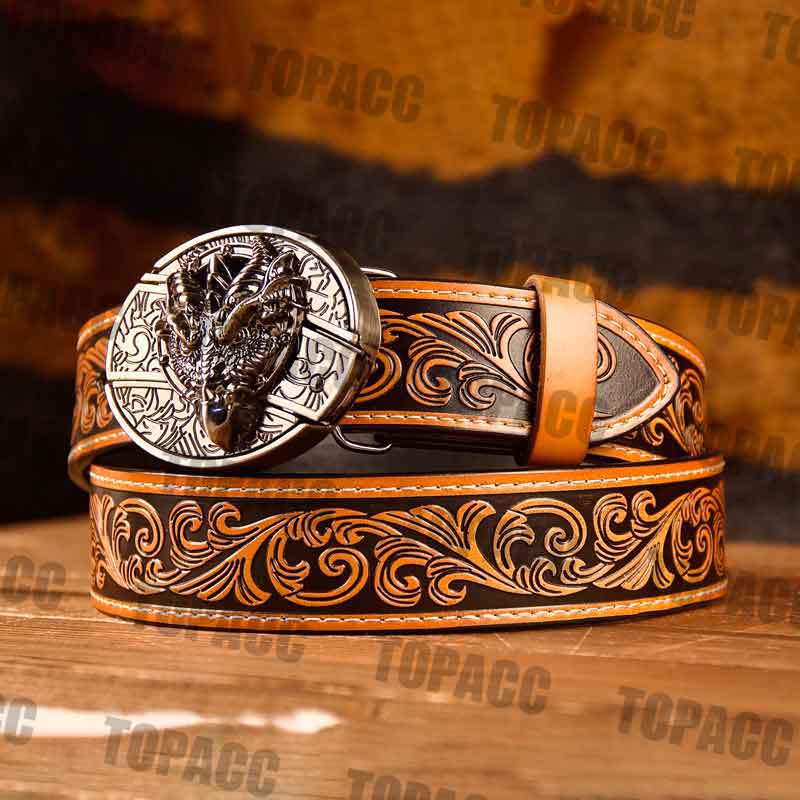 Waist41-46 Inch Brown Leather Belt with Block Buckle