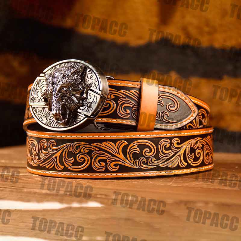 Waist41-46 Inch Brown Leather Belt with Block Buckle