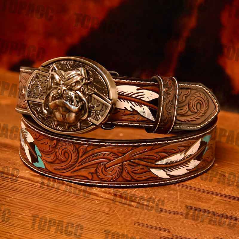 Waist 42-46 inch Western Leather Feather Belt - Block Buckle