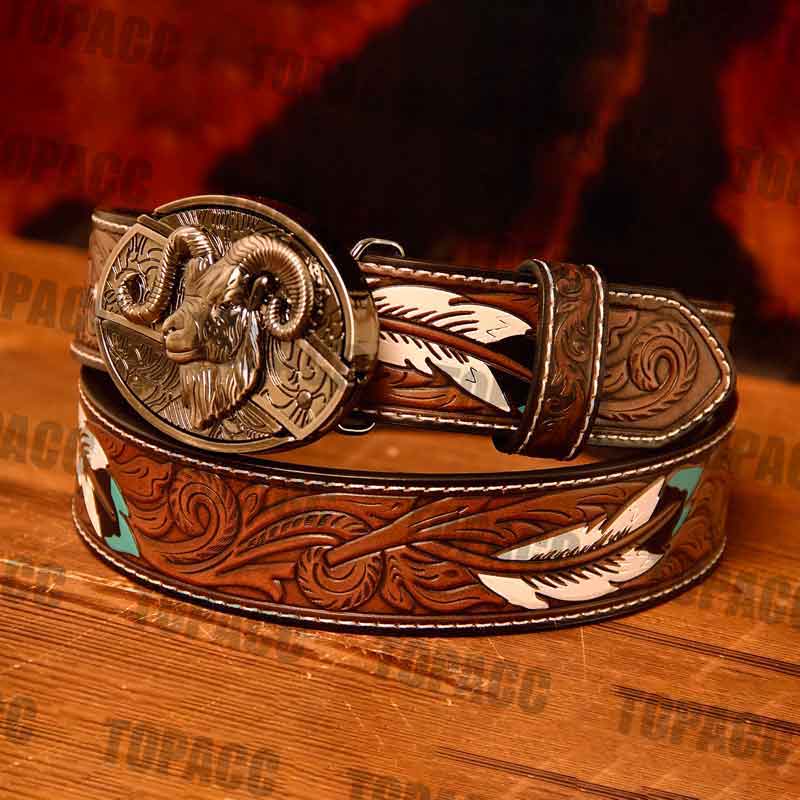 TOPACC Western Leather Feather Belt - Block Buckle