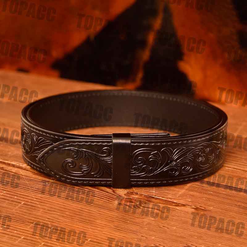 TOPACC Western Genuine Black Leather Pattern Tooled Belt