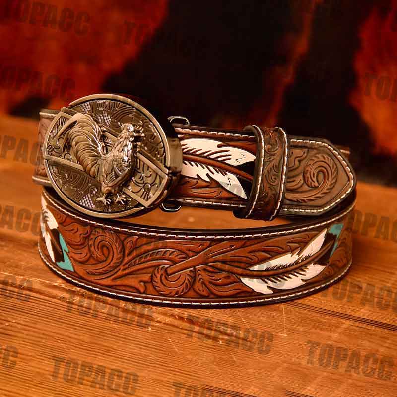 TOPACC Western Leather Feather Belt - Block Buckle