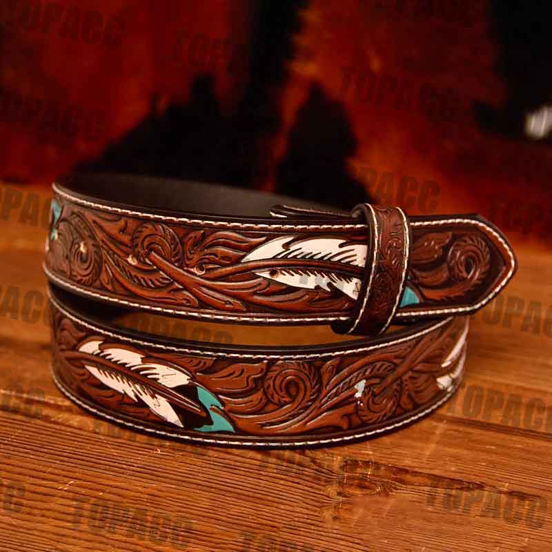 TOPACC Genuine Leather Feather Pattern Belt