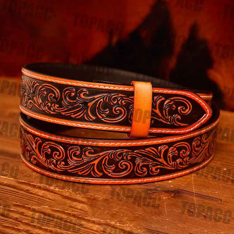 TOPACC Western Genuine Leather Pattern Tooled Belt