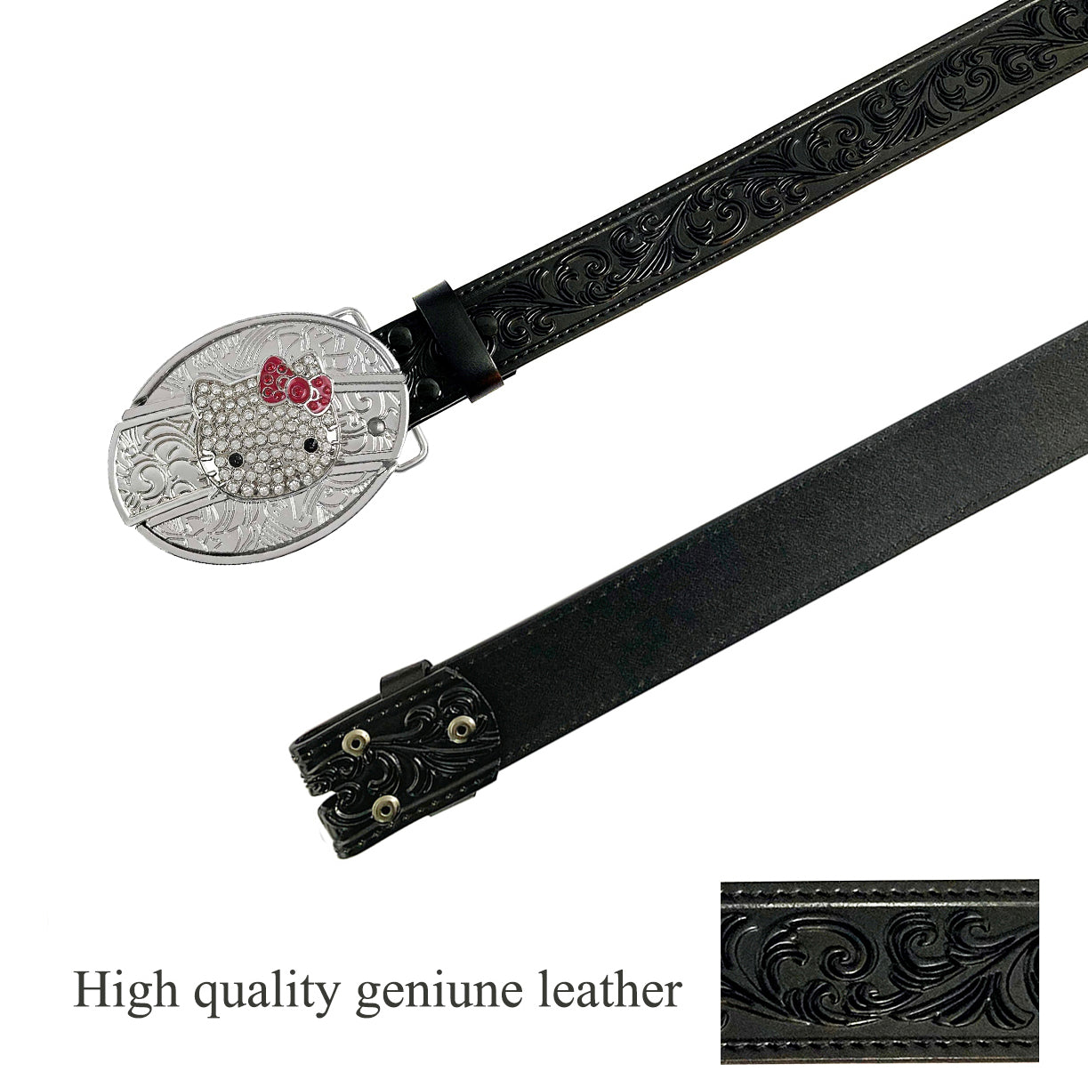 Black Leather Belt with Kitty Buckle