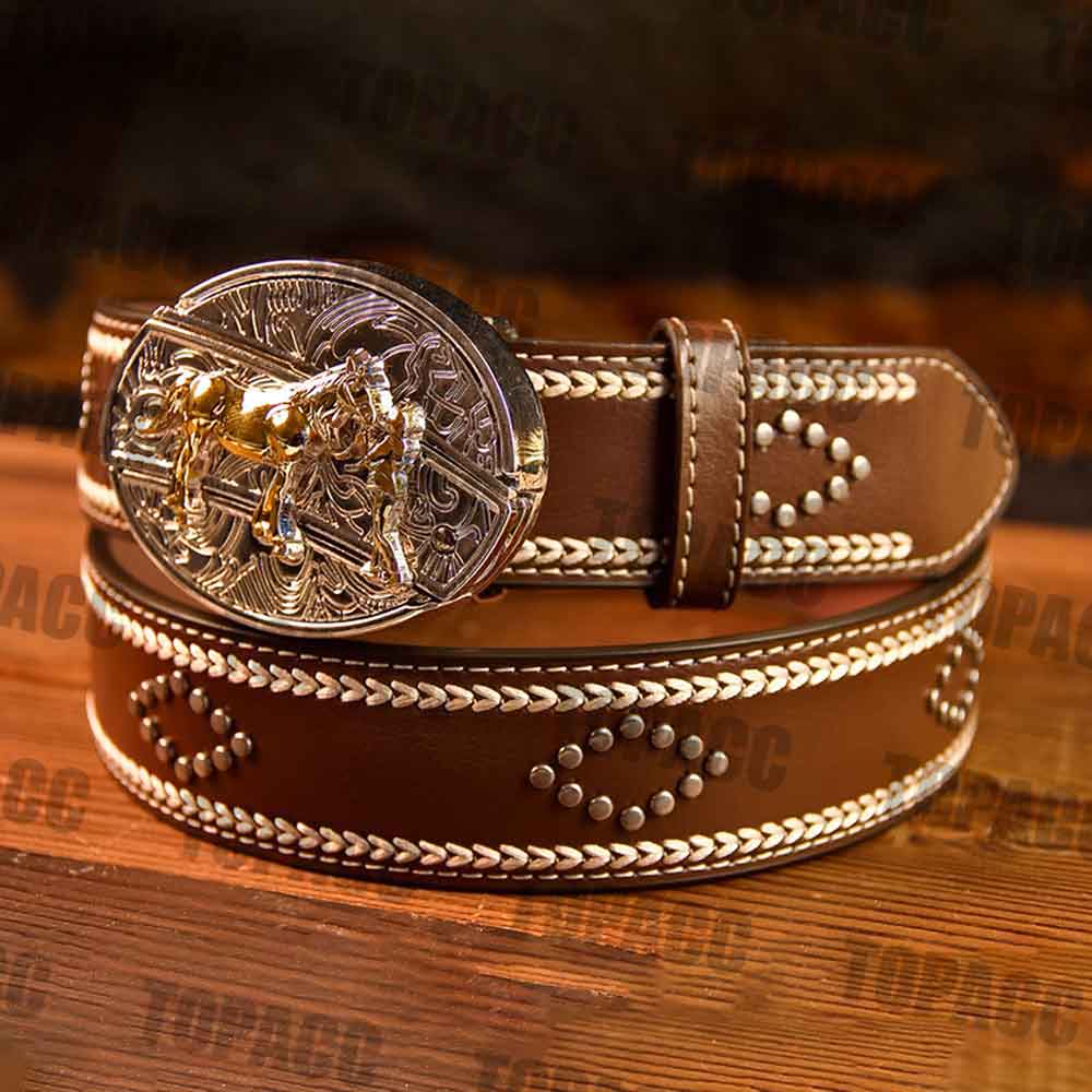 Leather Vintage belt with two-tone buckle