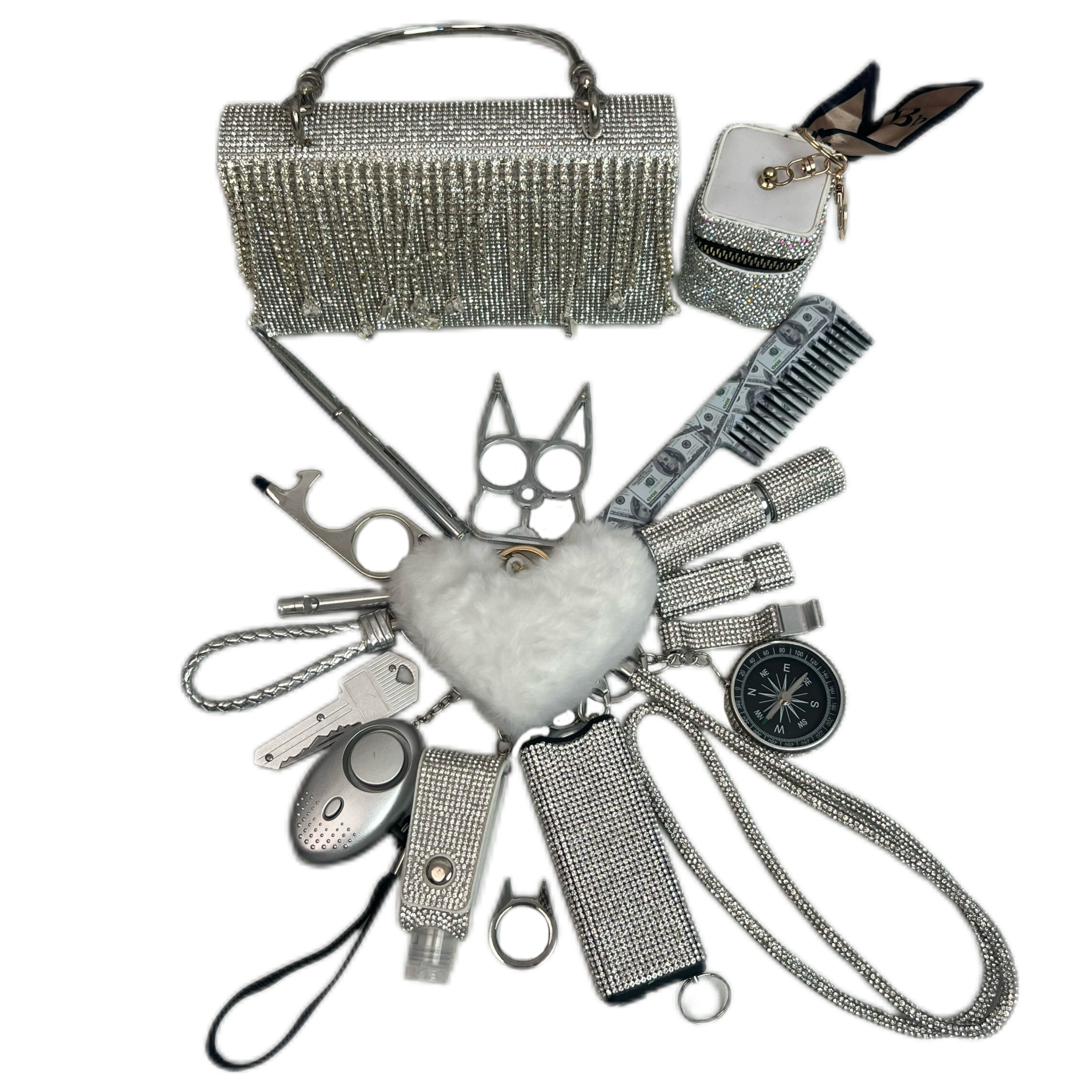 Shiny Silver Handbag Keychain Set