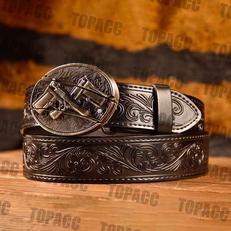 Waist41-46 Inch Black Leather Belt with Block Buckle