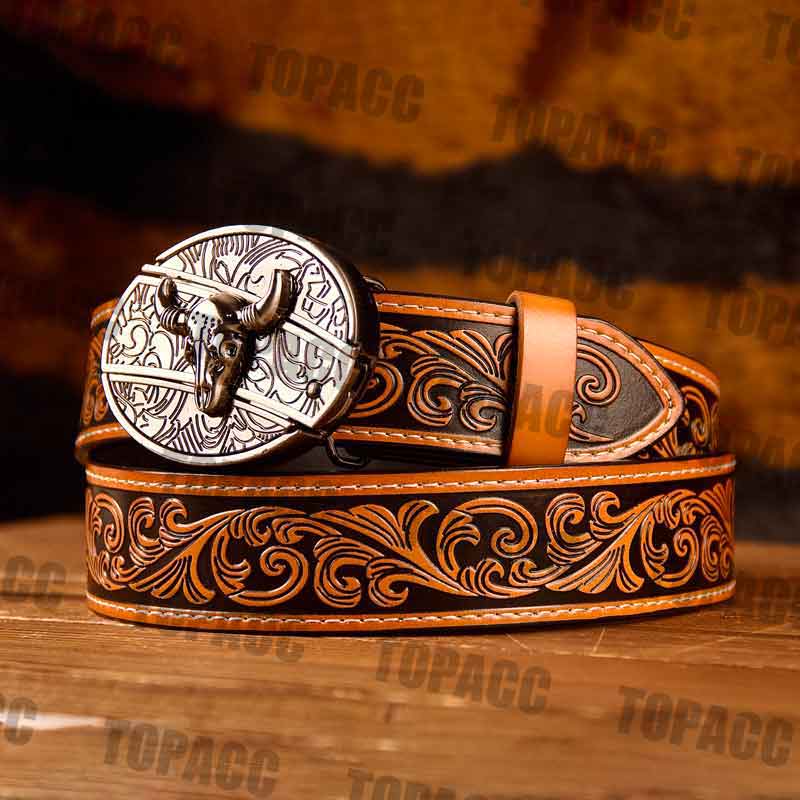 TOPACC Western Genuine Leather Pattern Tooled Belt - Buckle with Block