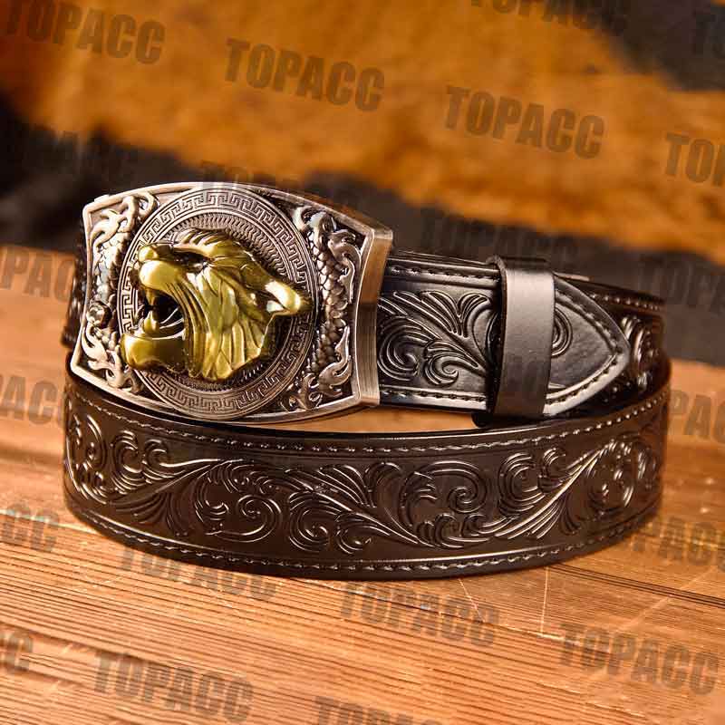 TOPACC Western Black Leather Patterned Tool Belt - Square with Holder Buckle