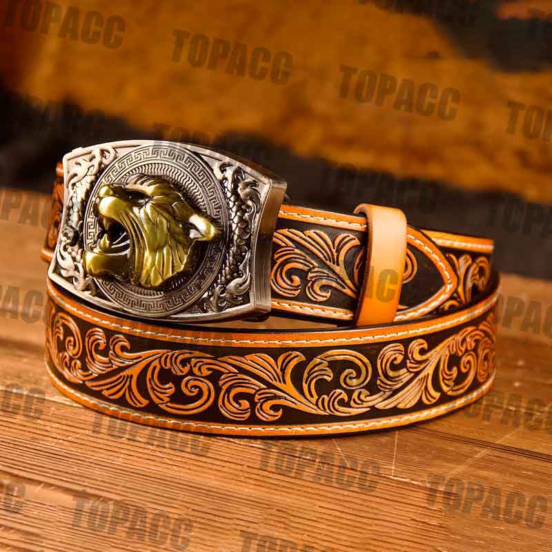 TOPACC Western Genuine Leather Pattern Tooled Belt -Square Buckle with Block