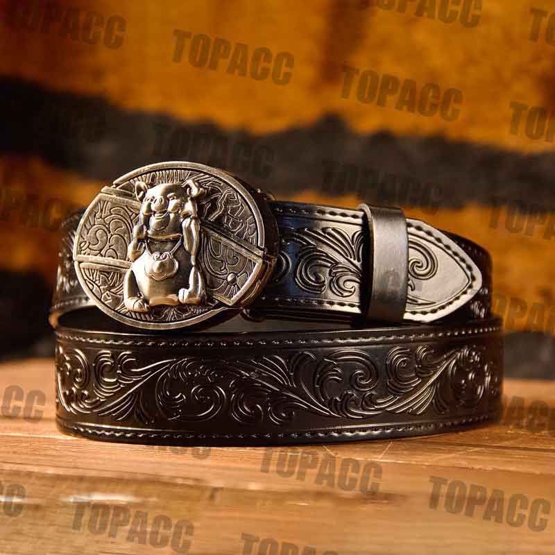 Waist41-46 Inch Black Leather Belt with Block Buckle